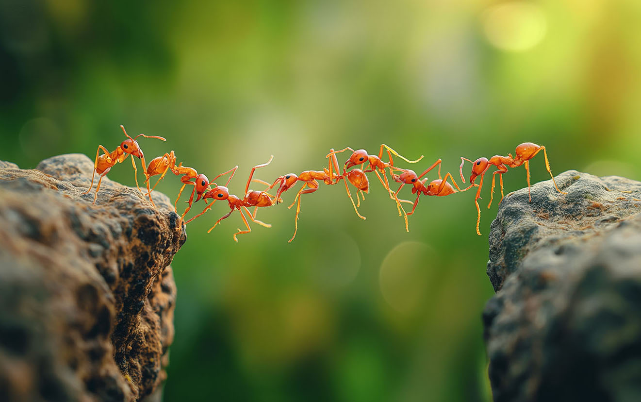 Close-up view of ants creating a bridge between rocky surfaces,